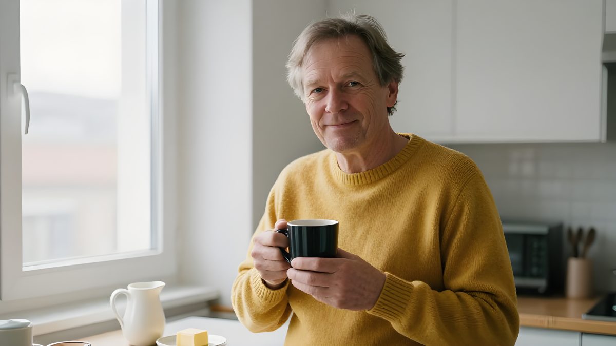 En man i medelåldern står i ett ljust kök på morgonen och håller en kopp svart kaffe med båda händerna, med avslappnad och vänlig min. Bredvid honom på köksbänken står en gräddkanna och ett fat med en smörklick.
