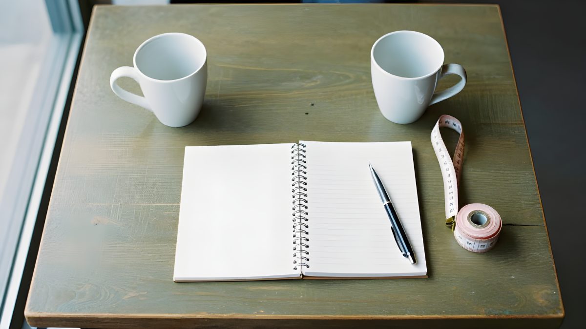 Två kaffekoppar, ett anteckningsblock och ett hopvikt måttband på ett bord