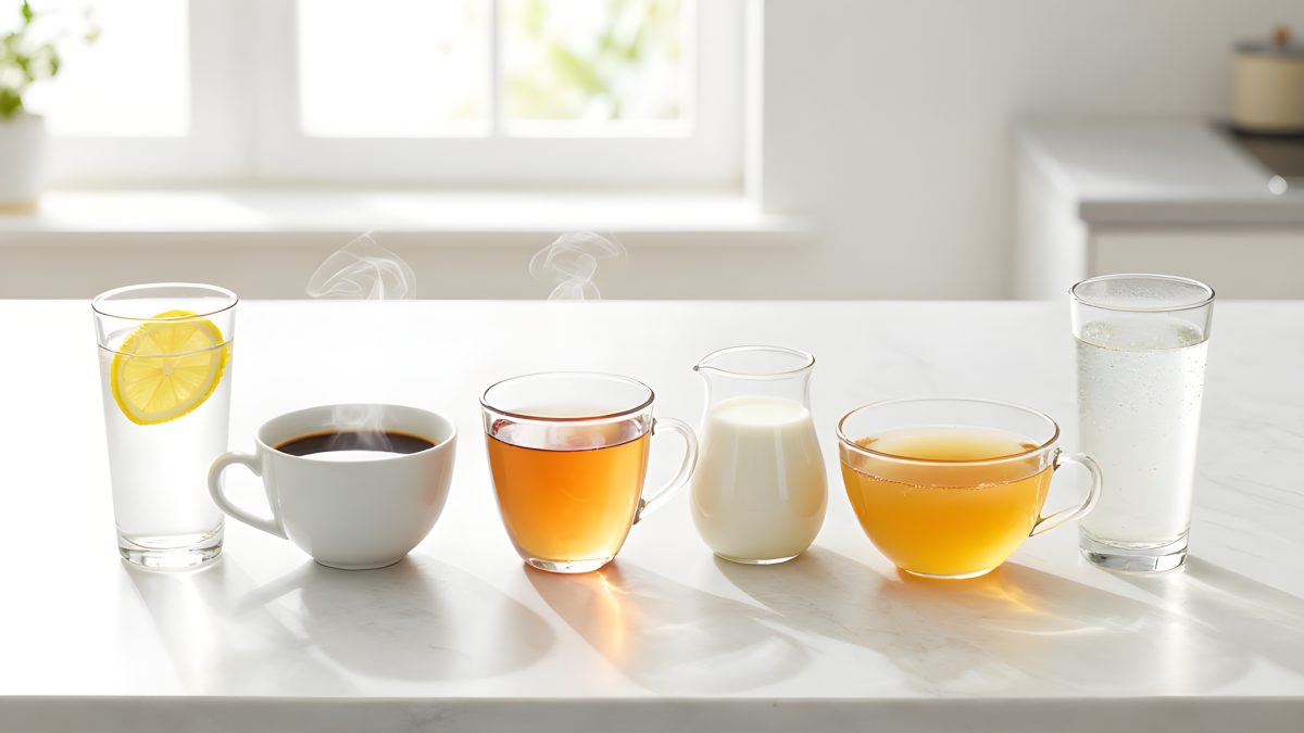 Sex olika fastedrycker uppradade på en ljus köksbänk i morgonljus: ett glas vatten med citronskiva, en kopp svart kaffe, ett glas te, en liten kanna mjölk, en kopp gyllene buljong och ett glas kolsyrat vatten.