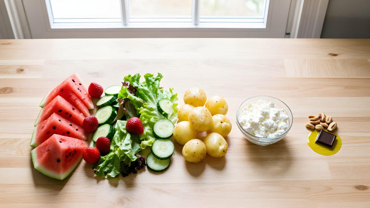 Livsmedel ordnade i en gradient från låg till hög energitäthet: vattenmelon, gurka, sallad och jordgubbar breder ut sig till vänster, kokt potatis och kvarg i mitten, en liten hög nötter, choklad och olja längst till höger