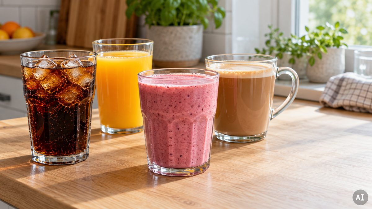AI-genererad illustration av läsk, juice, smoothie och kaffe på en köksbänk.
