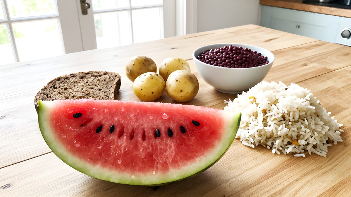 Vattenmelon, kokt potatis, rågbröd, röda linser och ris upplagda på ett köksbord i dagsljus, exempel på livsmedel med olika glykemiskt index och glykemisk belastning