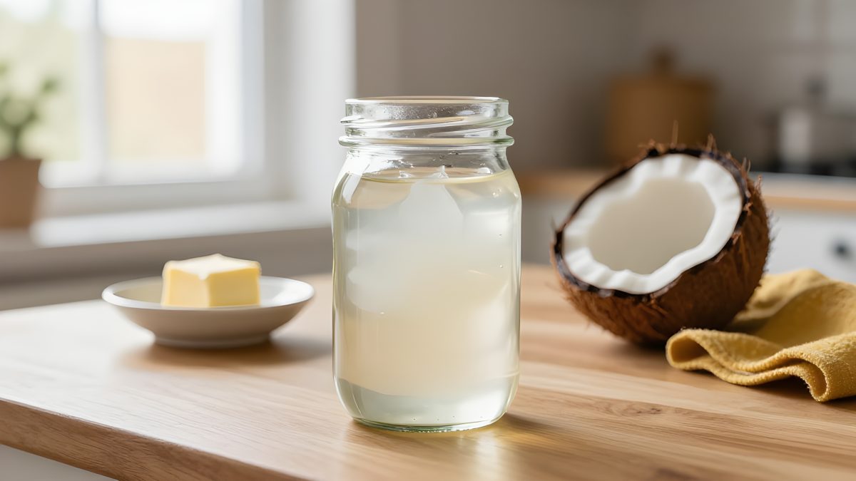 Kokosolja i en glasburk, delvis i fast och delvis i smält konsistens, med en halverad kokosnöt och en klick smör synligt i bakgrunden på ett köksbord.