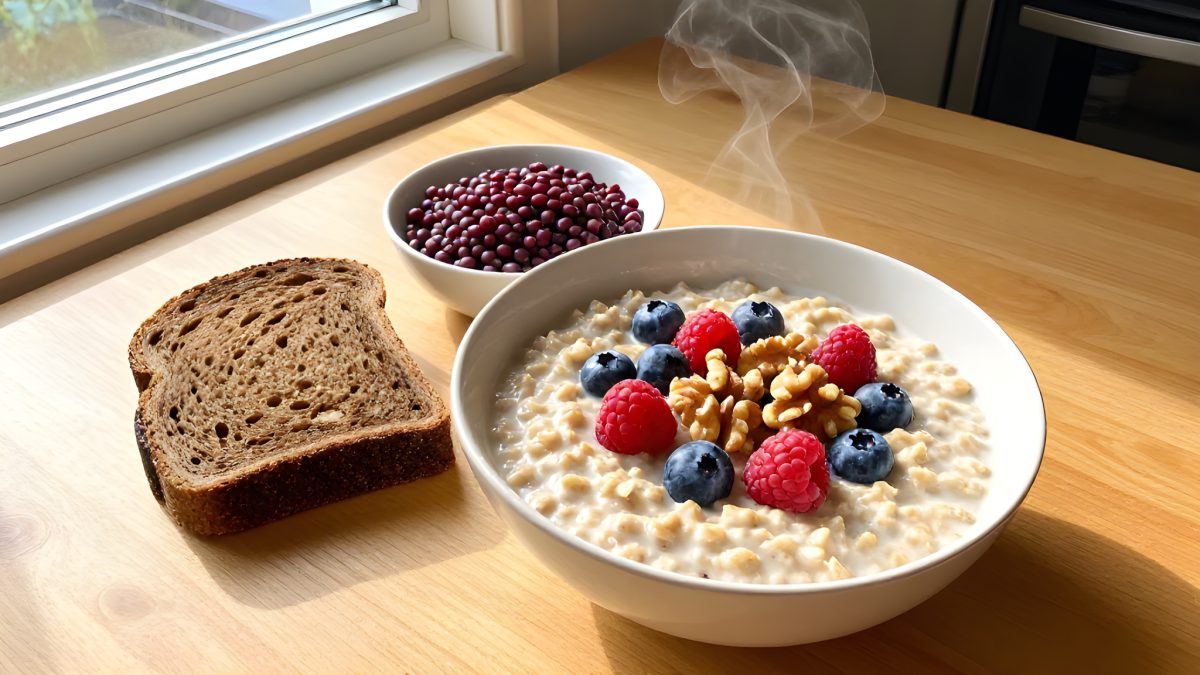 Havregrynsgröt toppad med blåbär, hallon och valnötter, bredvid en skiva rågbröd och röda linser i morgonljus, exempel på frukost med lågt glykemiskt index