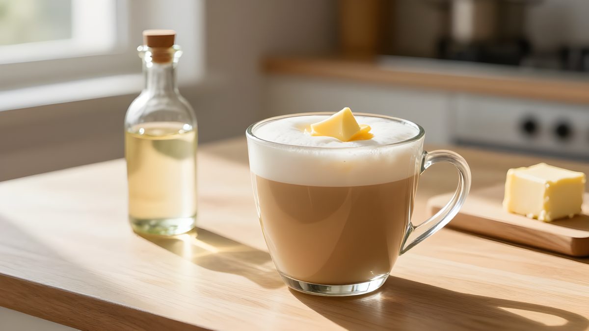 Bulletproof coffee i en glasmugg med ett smältande smörstycke ovanpå skummet, bredvid en omärkt flaska MCT-olja och en klick smör på en skärbräda i morgonljus vid ett köksbord