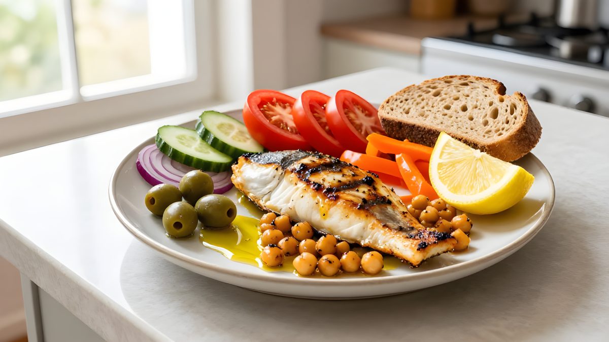 En vit tallrik med medelhavskost sedd snett ovanifrån: grillad fisk, kikärtor i olivolja, tomat- och gurkskivor, rödlök, gröna oliver, morotsstrimlor, en skiva grovt bröd och en citronklyfta, på ett ljust köksbord vid ett fönster.