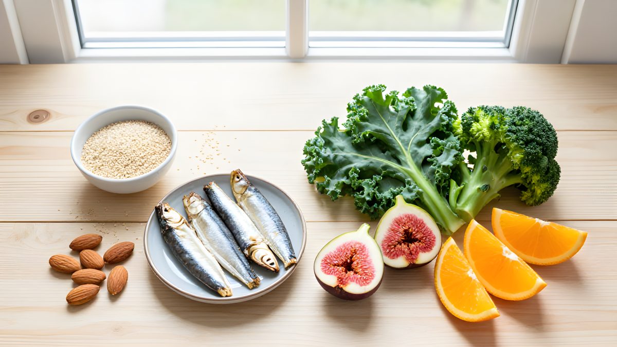 Kalciumrika paleo-livsmedel: sesamfrön, mandlar, sardiner, grönkål och broccoli på ljust bord.