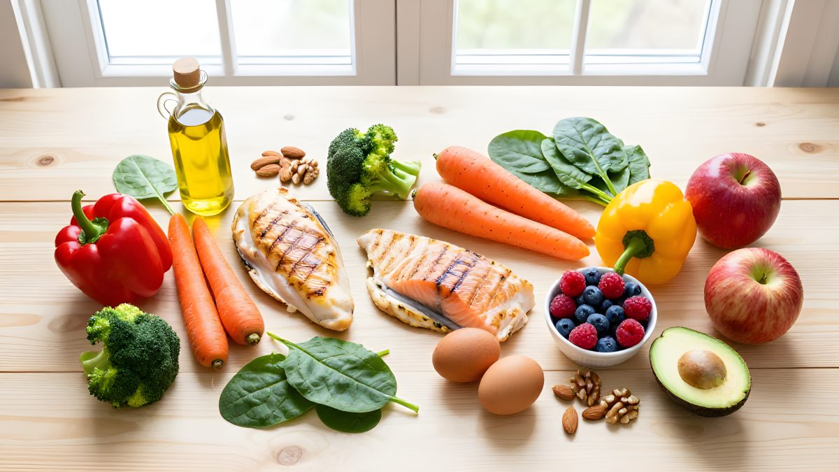 Färgstark flat-lay av paleo-råvaror: kött, fisk, grönsaker, frukt, ägg och nötter på ljust träbord.