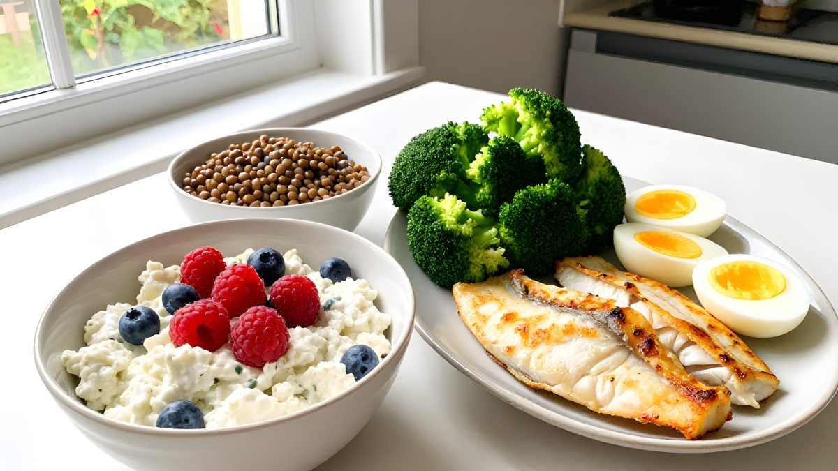 Ett rikligt uppdukat mål med mager kvarg toppad med hallon och blåbär, ugnsstekt vit fisk, ångad broccoli, kokta ägg och kokta linser på ett ljust köksbord i dagsljus