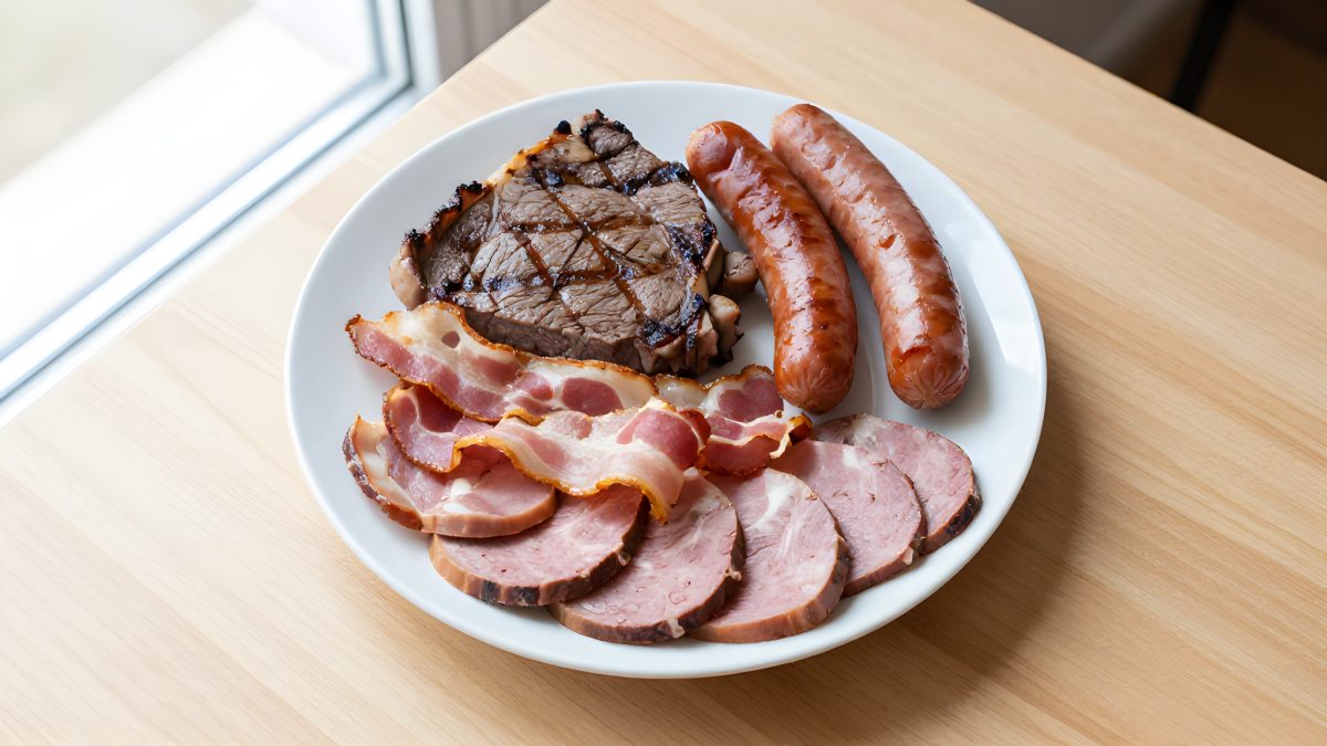 Tallrik med enbart rött och bearbetat kött: biff, korv och chark, utan grönsaker eller frukt.