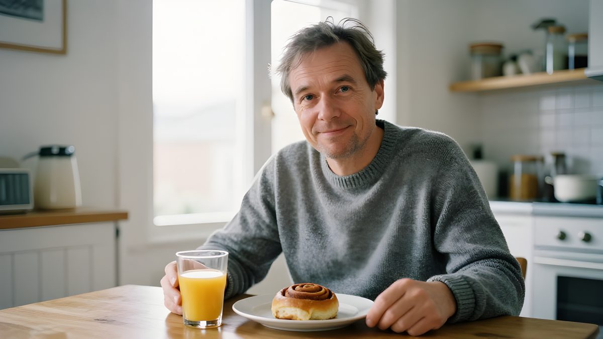 En man i femtioårsåldern sitter vid ett ljust köksbord på morgonen, avslappnad och leende, med ett glas apelsinjuice i handen och en kanelbulle på en tallrik framför sig.
