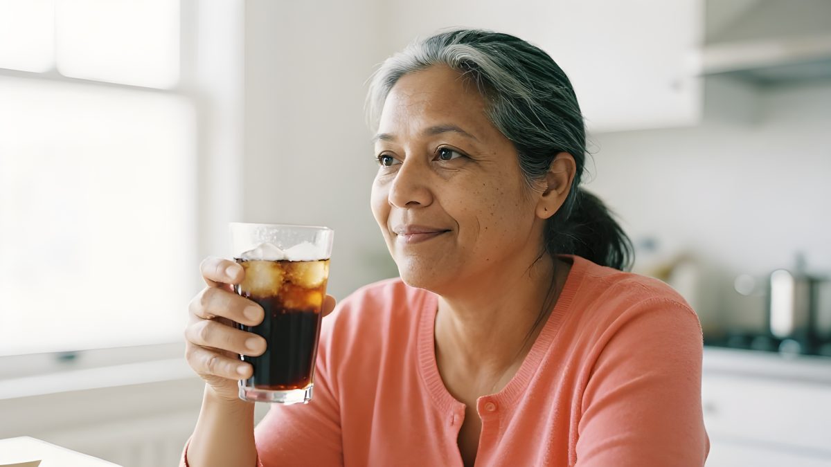 En kvinna i femtioårsåldern sitter vid ett ljust köksbord och håller ett glas med mörk, iskall läsk med is, med ett avvägt och nyfiket uttryck i ansiktet.