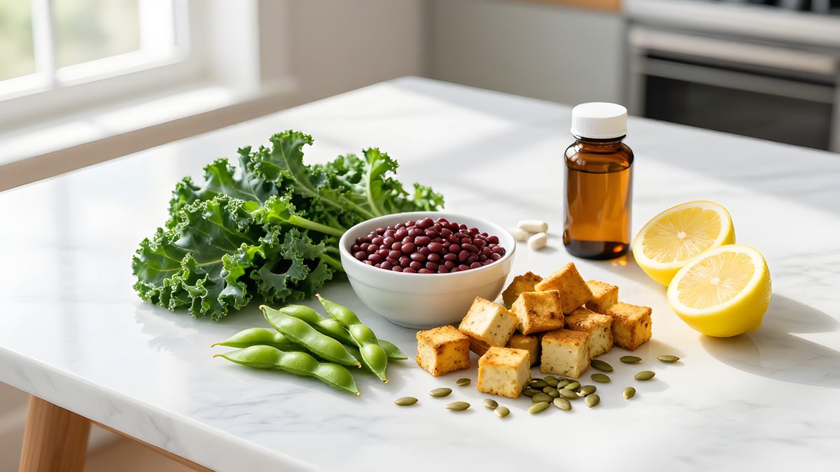 Ovanifrån av ett vitt marmorbord i ett ljust kök med grönkål, en skål röda bönor, tärnad tofu, edamamebönor, pumpafrön och en delad citron, bredvid en omärkt brun glasburk med vita kapslar, i naturligt dagsljus från ett fönster.