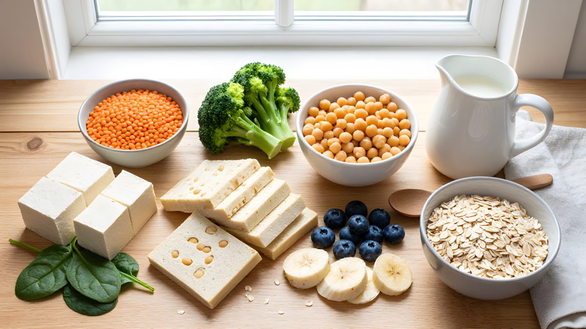 Ovanifrån av råvaror till en vegansk veckomeny på ett ljust köksbord: tärnad tofu, skivad tempeh med synliga sojabönor, en skål röda linser, en skål kikärtor, färsk broccoli och spenat, blåbär, skivad banan, havregryn och en kanna havredryck i dagsljus från ett fönster.