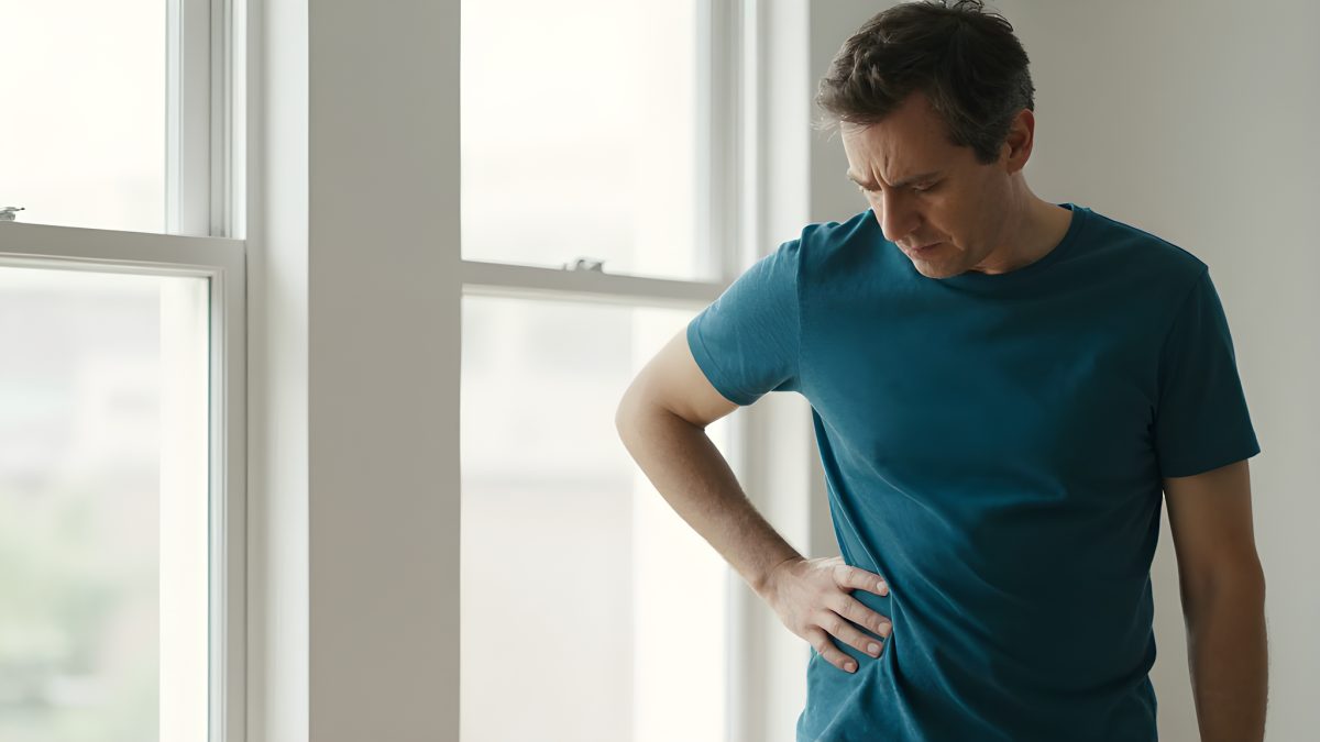 En man trycker handen mot höger sida vid midjan och tittar ner, vid ett stort fönster i ett ljust rum