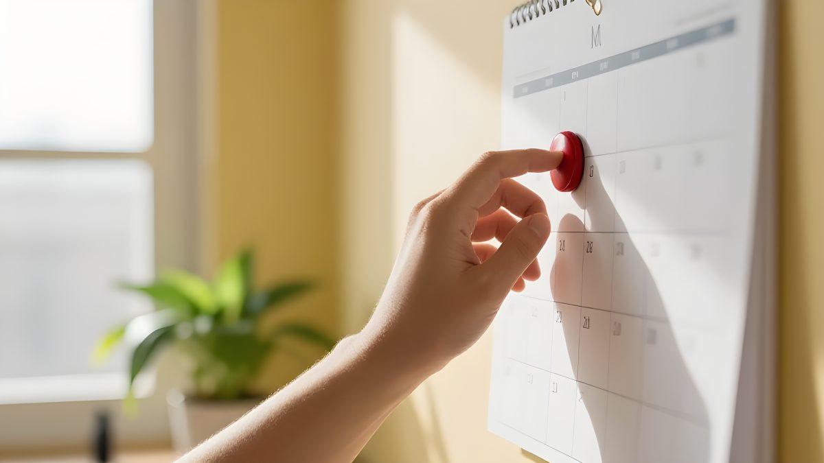 En hand sätter en röd magnet på ett datum i en väggkalender i ett ljust rum med gul vägg och en grön krukväxt