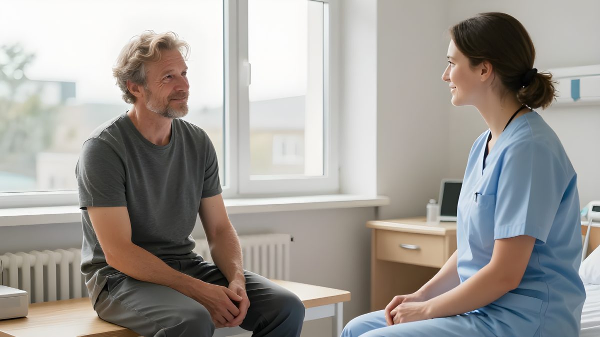 En sjuksköterska i ljusblå arbetskläder sitter och pratar med en patient vid ett fönster i ett ljust sjukhusrum