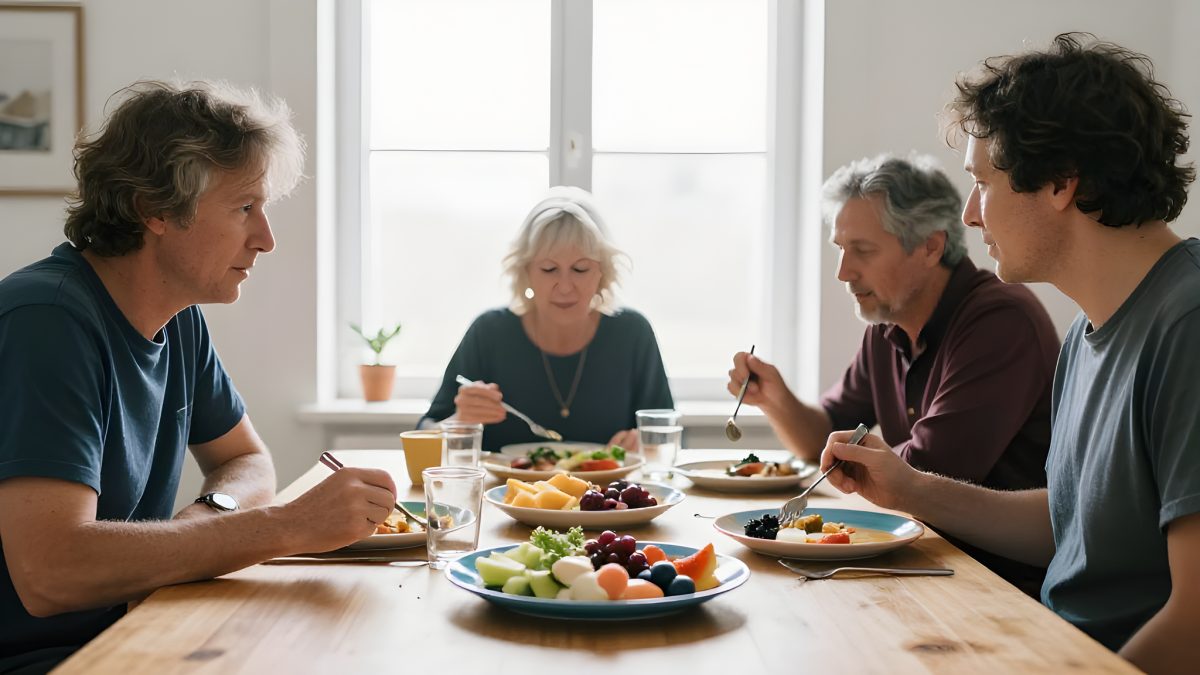 Fyra vuxna i olika åldrar äter en vanlig middag tillsammans vid ett ljust matbord framför ett stort fönster