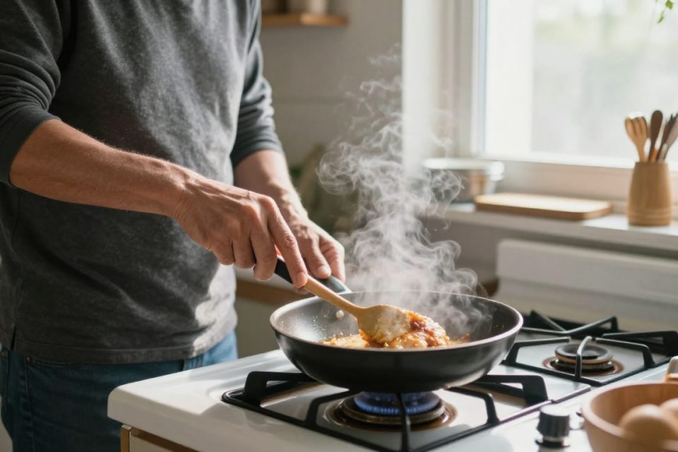 En man steker en kycklingfilé i en stekpanna på spisen mitt på dagen, ånga stiger från pannan