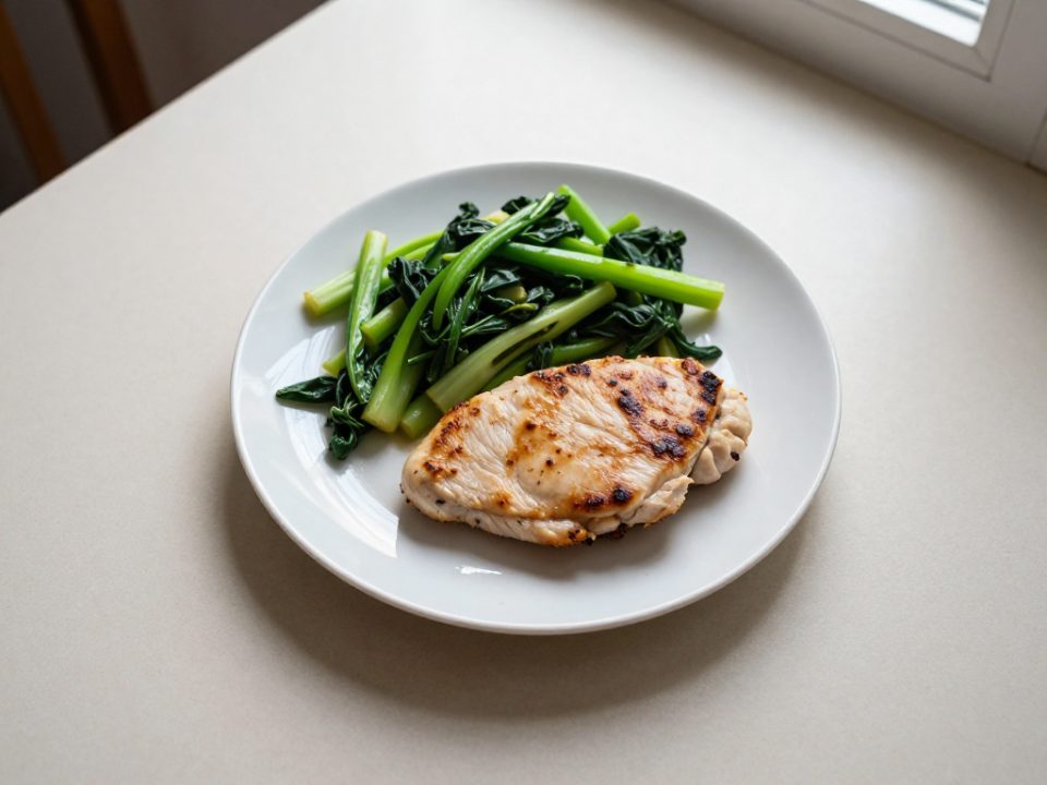 En portionerad måltid på en tallrik med en kycklingfilé och ångade gröna grönsaker på ett köksbord i dagsljus