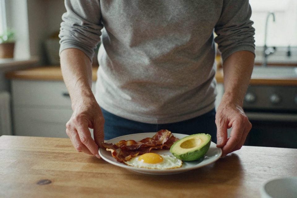 En hand ställer en tallrik med stekt ägg, bacon och en halv avokado på ett köksbord, en typisk måltid i Atkins strikta startfas.