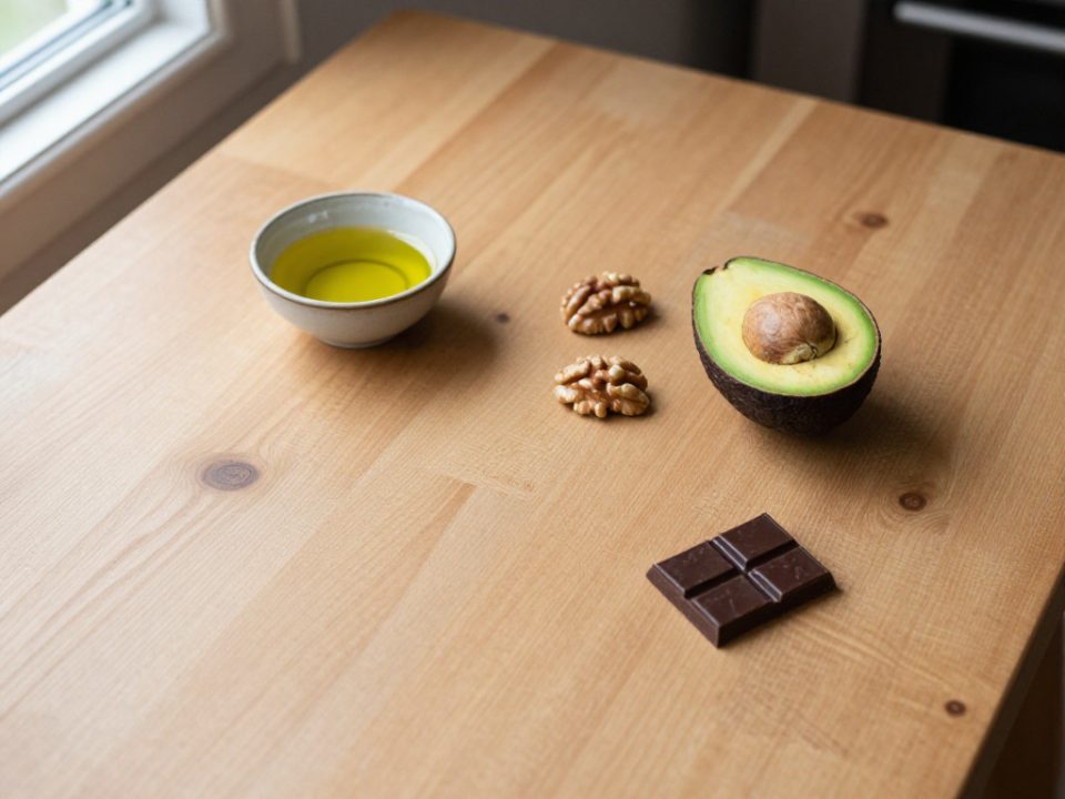 Olivolja, en halv avokado, valnötter och en bit mörk choklad på ett i övrigt tomt köksbord, de enkelomättade fetter som dieten bygger på.