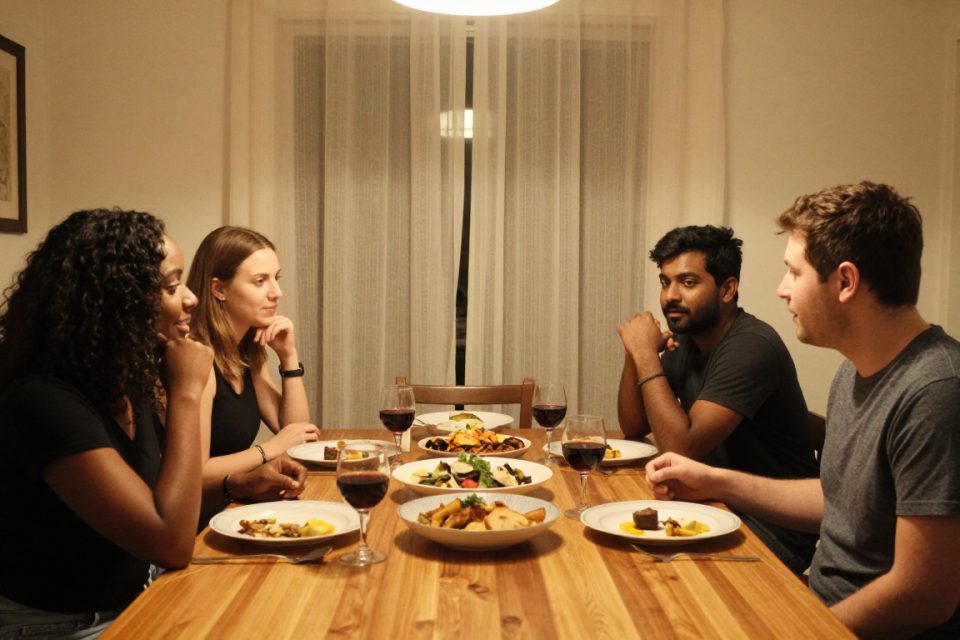 Ett sällskap äter middag tillsammans runt ett dukat bord hemma hos någon, ett vanligt socialt tillfälle under en diet.