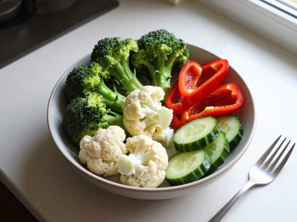 En stor skål fylld med broccoli, blomkål, paprika och gurka på ett köksbord, sedd snett uppifrån