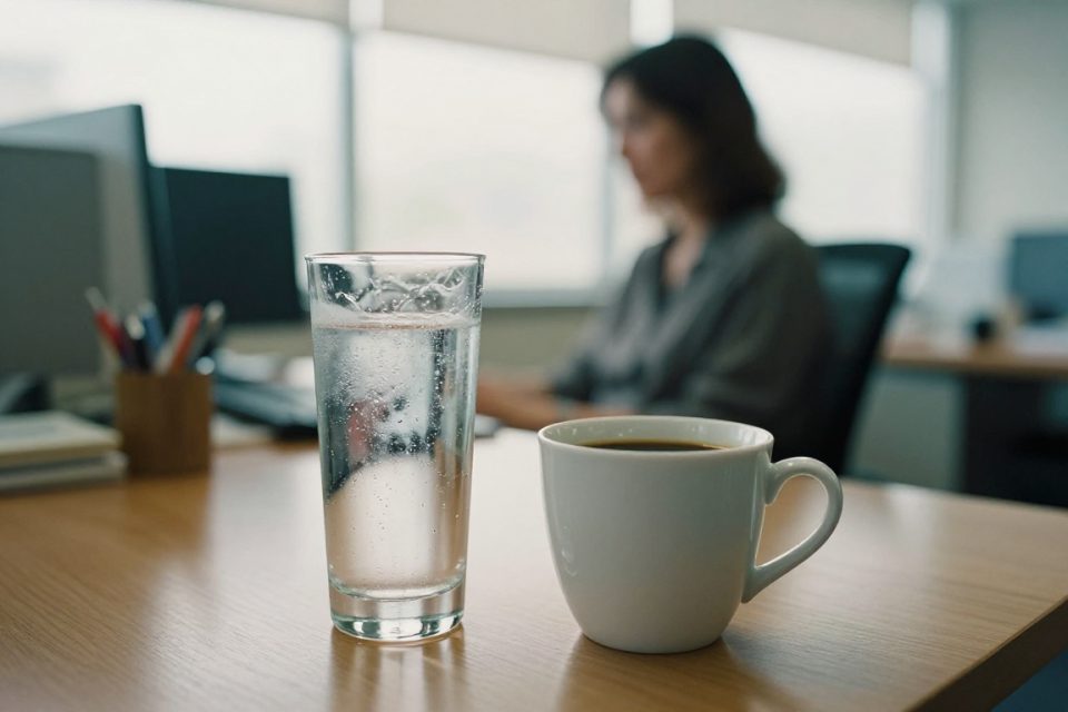 Ett glas vatten och en kopp svart kaffe på ett skrivbord på jobbet, tillåtna drycker under fasteperioden.