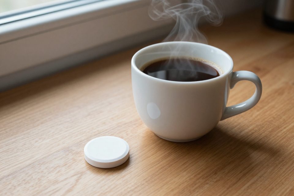 en kopp kaffe bredvid en koffeintablett, valet mellan de två källorna artikeln jämför