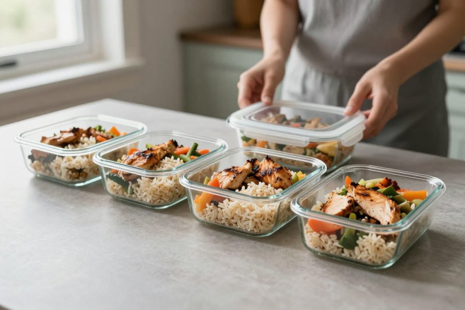 Fem matlådor med kyckling, ris och grönsaker på ett köksbord, en veckas färdiga mealprep som exempel på enklare kaloriräkning.