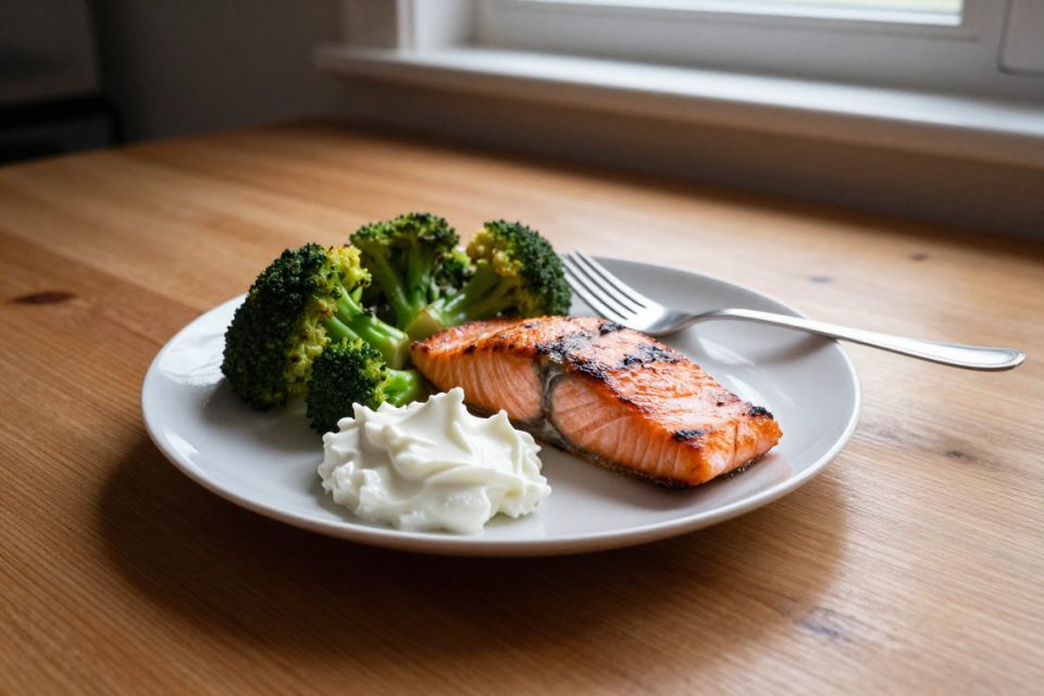 Dag 1:s middag i keto-matplanen: laxfilé med broccoli och crème fraiche.