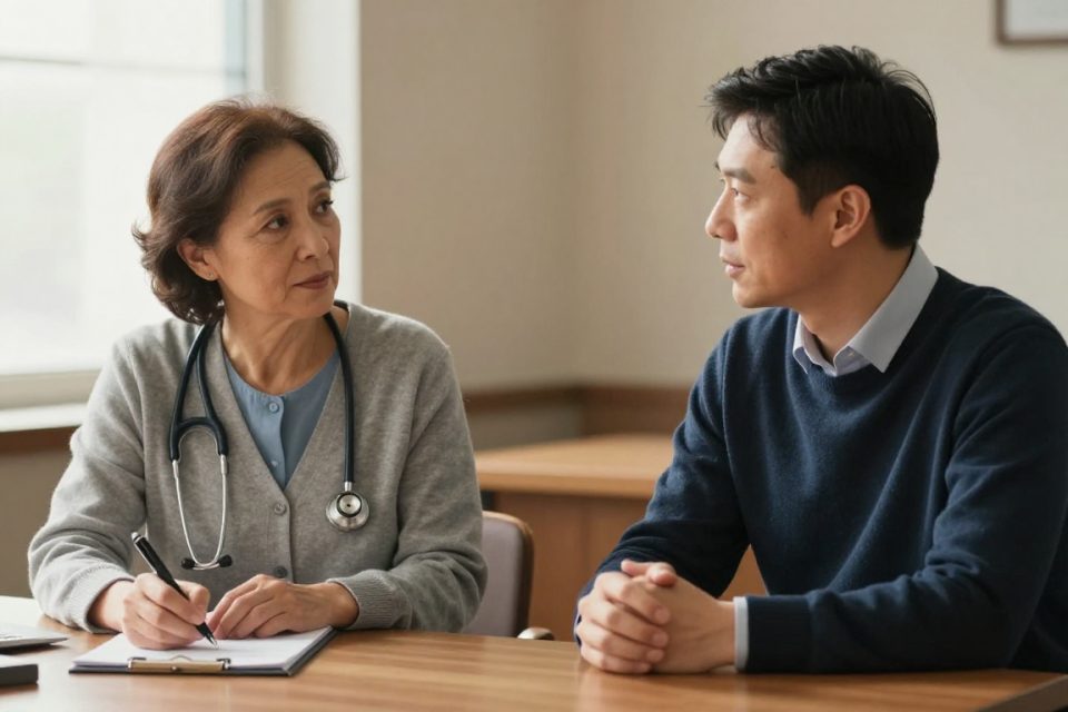 En patient diskuterar en gradvis nedtrappning av sin behandling med sin läkare i stället för att sluta på egen hand.