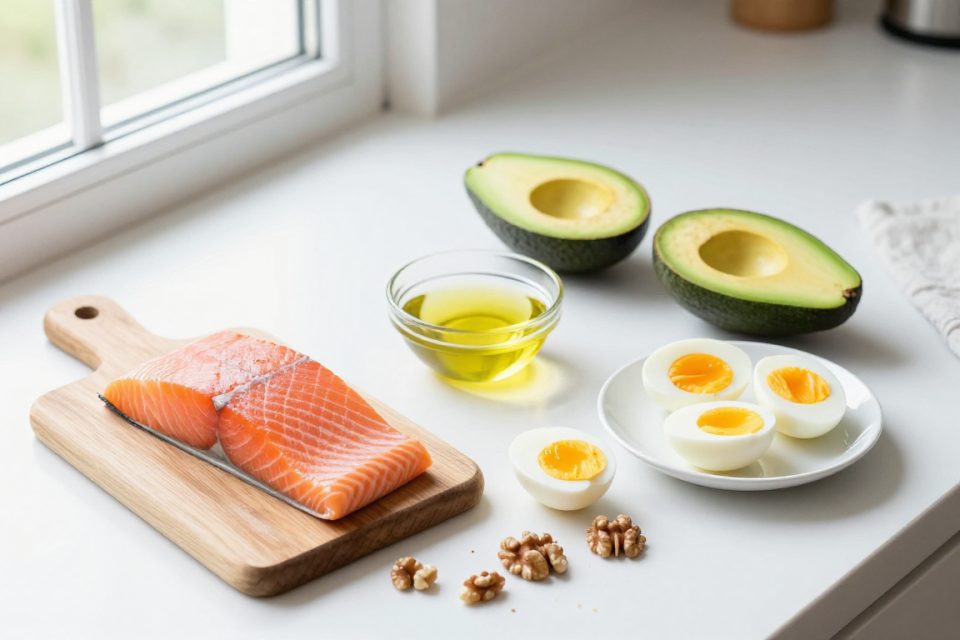 Fettrika lchf-livsmedel uppradade i ett ljust kök: en laxfilé på en skärbräda, en delad avokado, halverade ägg med lös äggula, en skål olivolja och valnötter i dagsljus vid ett fönster.