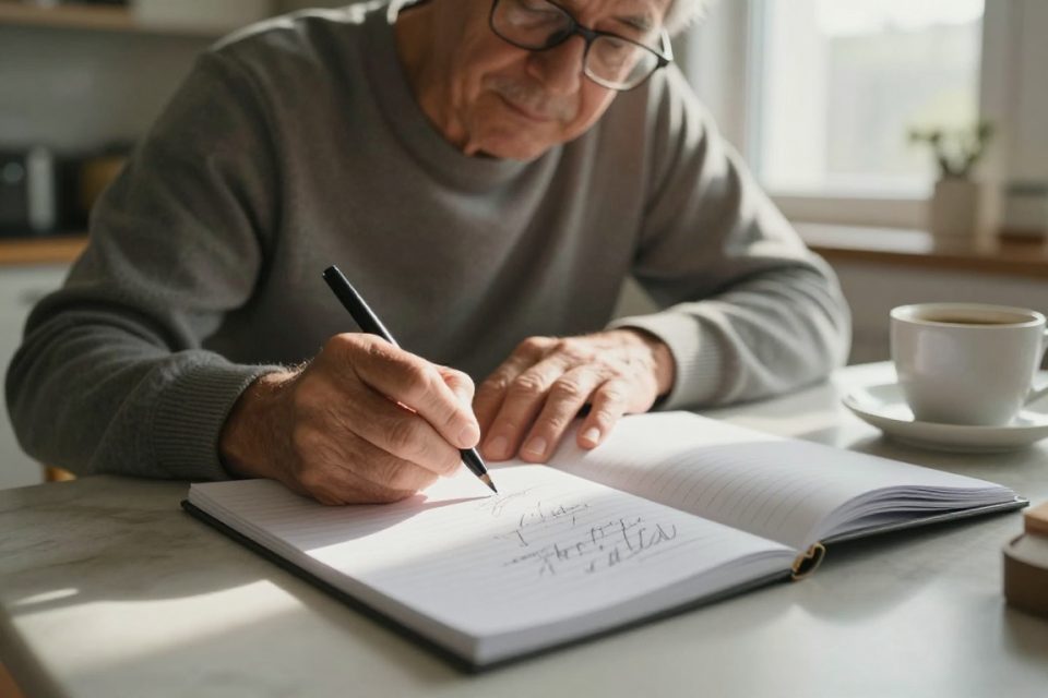 En handskriven veckomeny som exempel på planeringssteget i LCHF-guiden, skriven vid köksbordet med en kopp kaffe bredvid.