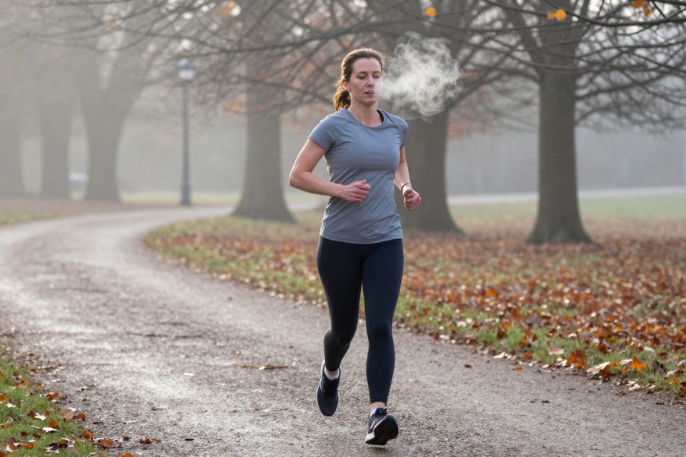 En nybörjare joggar i lugnt tempo på en grusstig i dimmigt höstväder, med synlig andedräkt.