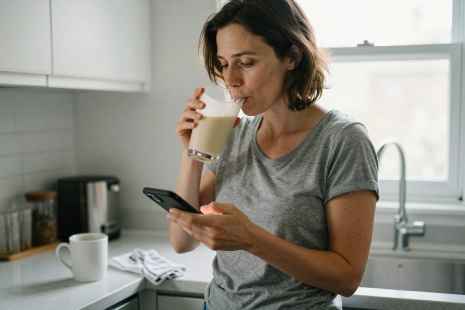 En kvinna dricker en shake vid köksbänken medan hon kollar telefonen på morgonen innan jobbet, en måltidsersättning som frukost.