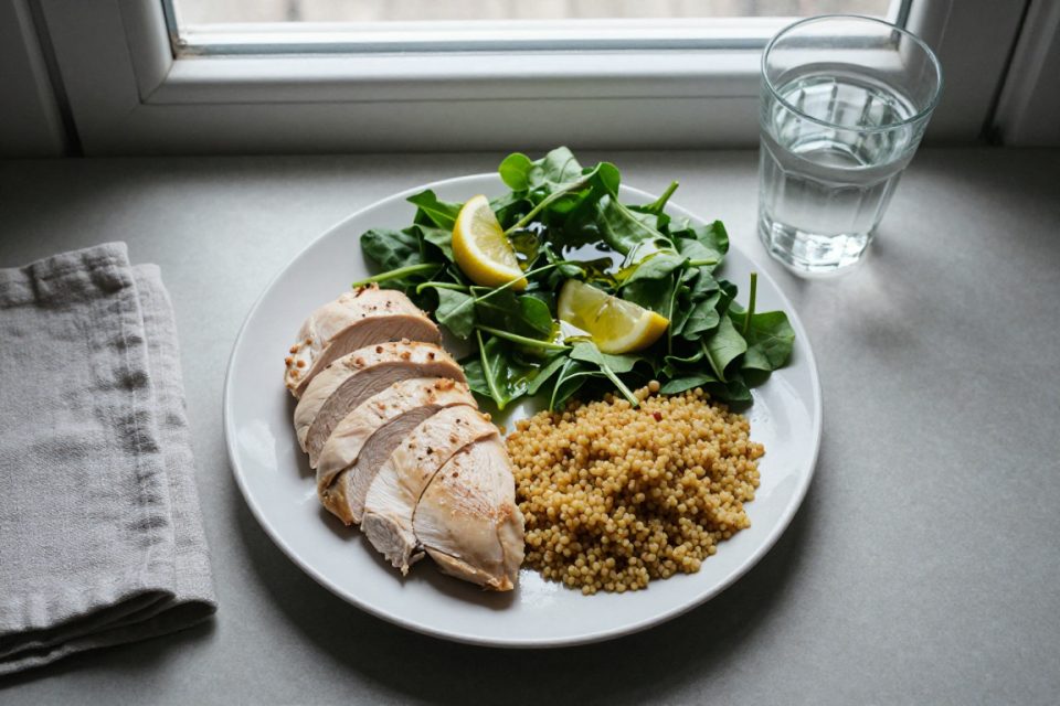 En färdig måltid ur exempeldagen: kyckling, bulgur och sallad.