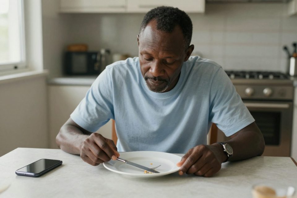 en man äter lunch utan mobil, ett exempel på medvetet ätande utan distraktion