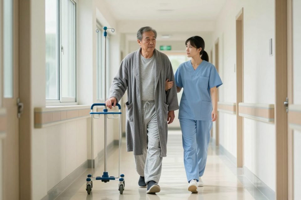 En patient går en kort sträcka i korridoren med stöd av personal dagen efter gastric sleeve, ett exempel på tidig mobilisering.