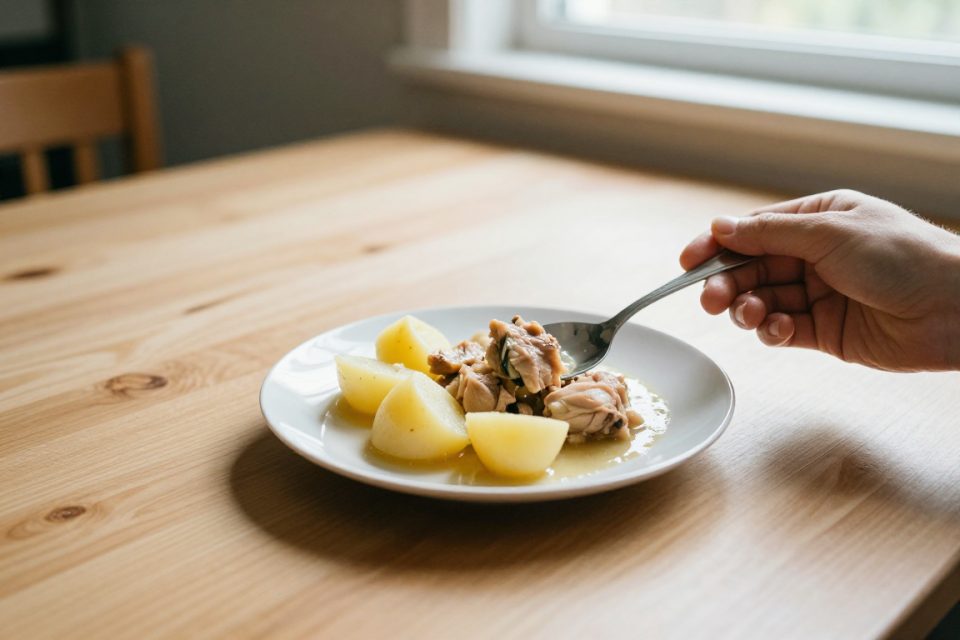 en liten portion mat på en assiett, portionsstorleken som gäller livet ut efter operationen