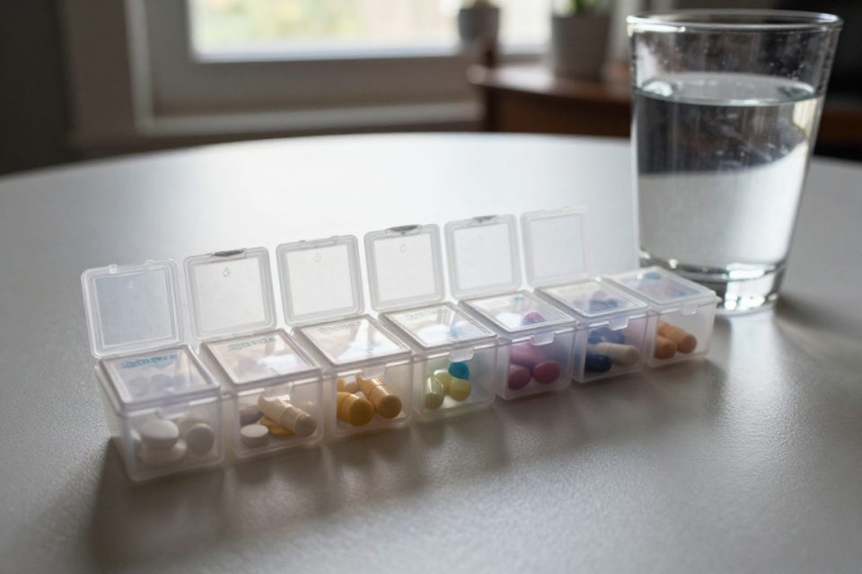 en pillerask med sju fack för veckans vitamintillskott, den livslånga supplementeringen efter överviktskirurgi