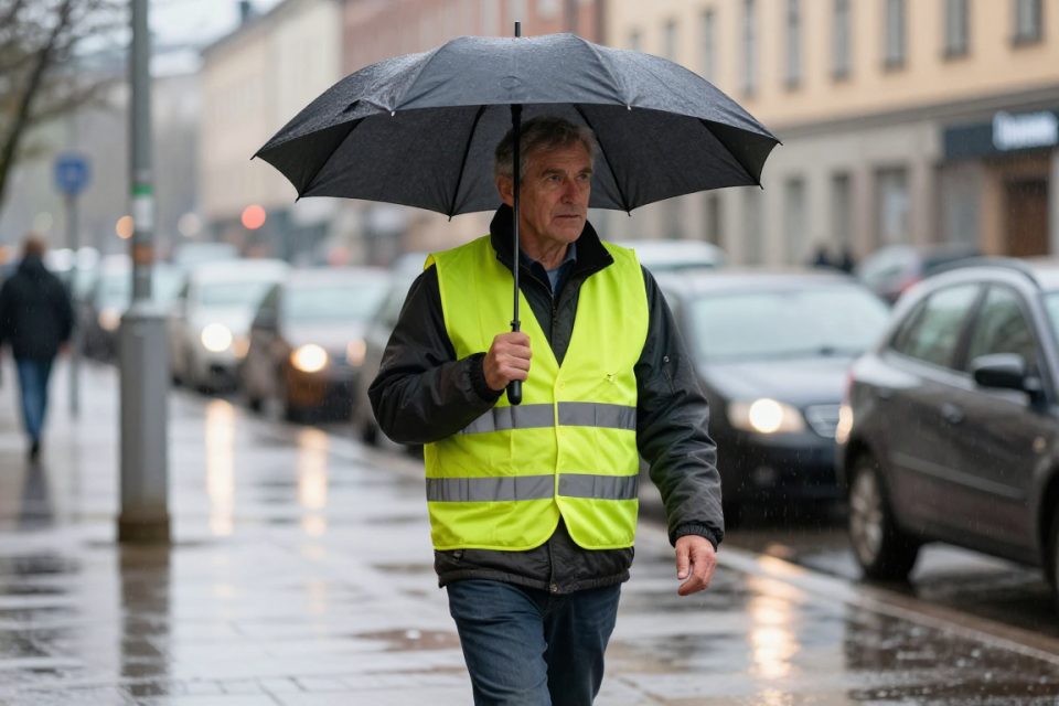 En man går en rask promenad längs en gata i lätt regn med paraply och reflexväst en gråmulen dag.