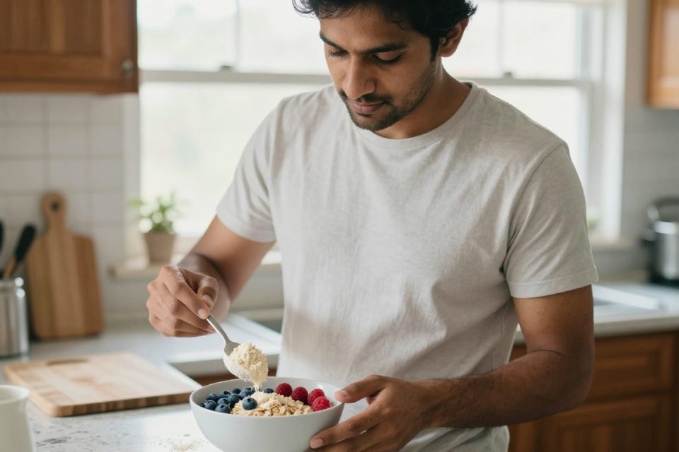 En man rör ner en skopa proteinpulver i en skål havregrynsgröt med bär vid köksbänken på morgonen, i stället för i en shaker.