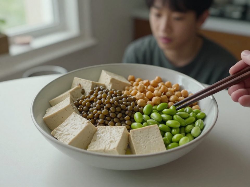 Skål med tofu, kokta linser, kikärtor och edamamebönor, en person tar mat med matpinnar
