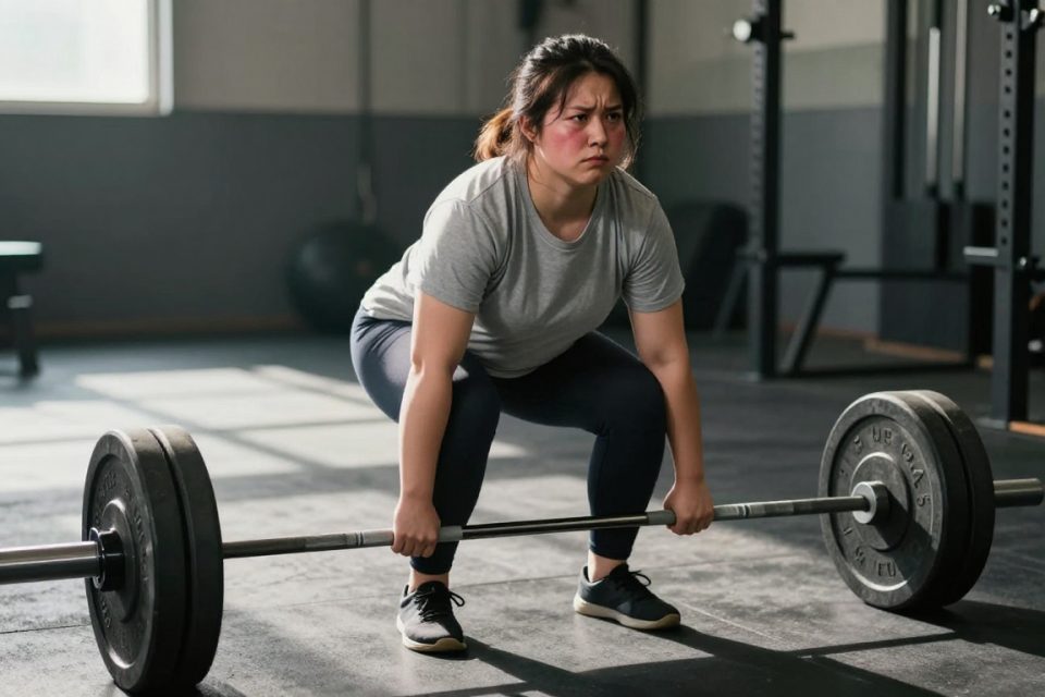 En kvinna med vanlig, otränad kroppsbyggnad lyfter en skivstång i ett marklyft på ett gym, som motbild till myten om att bli stor av styrketräning.