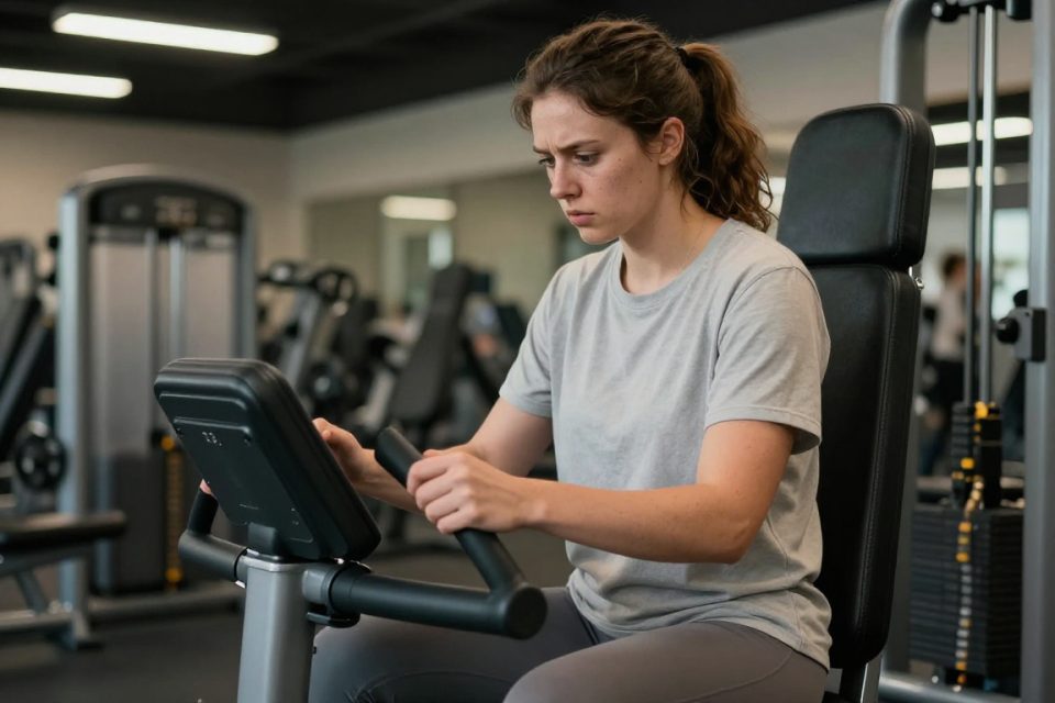 En kvinna använder en gymmaskin för första gången och tittar osäkert ner på inställningarna.