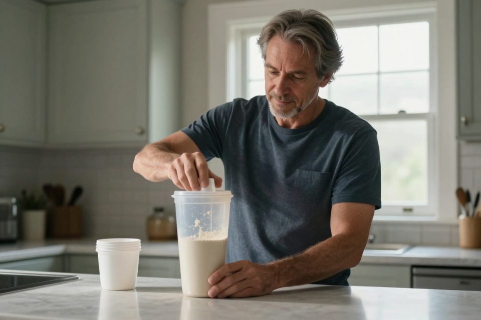 En man skakar en shaker med proteinpulver och växtmjölk vid köksbänken på morgonen, förberedelse av en växtbaserad proteinshake.