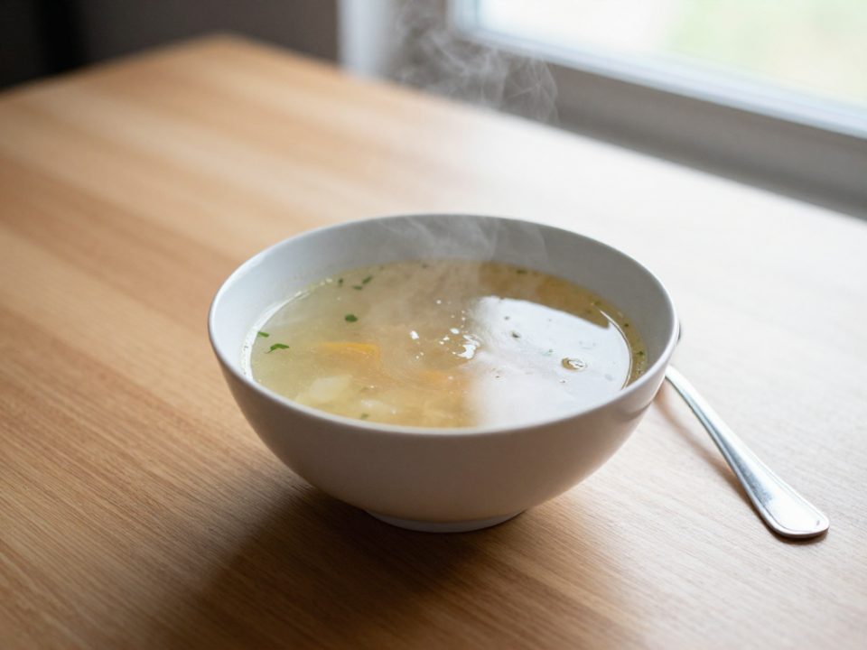 En skål buljongbaserad grönsakssoppa som förrätt på ett köksbord, ångan syns svagt över ytan